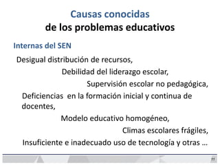 11
Causas conocidas
de los problemas educativos
Internas del SEN
Desigual distribución de recursos,
Debilidad del liderazgo escolar,
Supervisión escolar no pedagógica,
Deficiencias en la formación inicial y continua de
docentes,
Modelo educativo homogéneo,
Climas escolares frágiles,
Insuficiente e inadecuado uso de tecnología y otras …
 