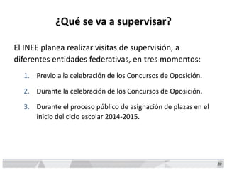 39
¿Qué se va a supervisar?
El INEE planea realizar visitas de supervisión, a
diferentes entidades federativas, en tres momentos:
1. Previo a la celebración de los Concursos de Oposición.
2. Durante la celebración de los Concursos de Oposición.
3. Durante el proceso público de asignación de plazas en el
inicio del ciclo escolar 2014-2015.
 