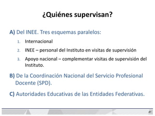 41
¿Quiénes supervisan?
A) Del INEE. Tres esquemas paralelos:
1. Internacional
2. INEE – personal del Instituto en visitas de supervisión
3. Apoyo nacional – complementar visitas de supervisión del
Instituto.
B) De la Coordinación Nacional del Servicio Profesional
Docente (SPD).
C) Autoridades Educativas de las Entidades Federativas.
 
