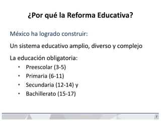 México ha logrado construir:
Un sistema educativo amplio, diverso y complejo
La educación obligatoria:
• Preescolar (3-5)
• Primaria (6-11)
• Secundaria (12-14) y
• Bachillerato (15-17)
¿Por qué la Reforma Educativa?
7
 