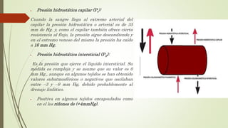  Presión hidrostática capilar (Pc):
Cuando la sangre llega al extremo arterial del
capilar la presión hidrostática o arterial es de 35
mm de Hg. y, como el capilar también ofrece cierta
resistencia al flujo, la presión sigue descendiendo y
en el extremo venoso del mismo la presión ha caído
a 16 mm Hg.
 Presión hidrostática intersticial (Pif):
Es la presión que ejerce el líquido intersticial. Su
medida es compleja y se asume que su valor es 0
mm Hg., aunque en algunos tejidos se han obtenido
valores subatmosféricos o negativos que oscilaban
entre –3 y –9 mm Hg, debido probablemente al
drenaje linfático.
 Positiva en algunos tejidos encapsulados como
en el los riñones de (+4mmHg).
 