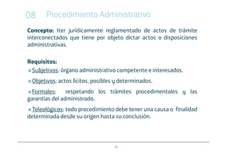 08     Procedimiento Administrativo
Concepto: Iter jurídicamente reglamentado de actos de trámite
interconectados que tiene por objeto dictar actos o disposiciones
administrativas.

Requisitos:
 Subjetivos: órgano administrativo competente e interesados.
 Objetivos: actos lícitos, posibles y determinados.
  Formales:     respetando los trámites procedimentales y las
garantías del administrado.
  Teleológicos: todo procedimiento debe tener una causa o finalidad
determinada desde su origen hasta su conclusión.



                                   26
 