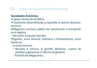 02     Clases de Sociedades Mercantiles (II)

Sociedades Anónimas.
 Capital mínimo de 60.000 €.
 Totalmente desembolsado y repartido en partes alícuotas:
acciones.
 Obligatorio escritura pública de constitución e inscripción
en el registro
 Mercantil. Estatutos Sociales
 Órganos: Junta General, Ordinaria o Extraordinaria; Junta
Universal.
 La Junta General:
    Aprueba o censura la gestión (balances, cuenta de
    pérdidas y ganancias e informe de gestión)
    Emisión de obligaciones.

                                4
 