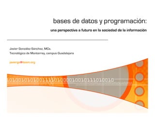 bases de datos y programación:
                            una perspectiva a futuro en la sociedad de la información



Javier González Sánchez, MCs.
Tecnológico de Monterrey, campus Guadalajara

javiergs@itesm.org
 