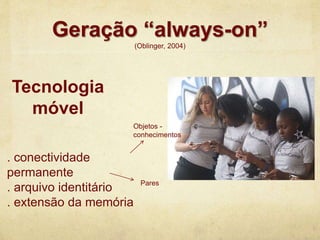 Geração “always-on”
(Oblinger, 2004)
Tecnologia
móvel
. conectividade
permanente
. arquivo identitário
. extensão da memória
Objetos -
conhecimentos
Pares
 
