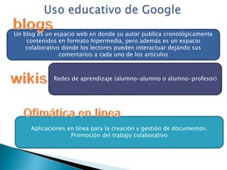 Uso educativo de GoogleblogsUn blog es un espacio web en donde su autor publica cronológicamente contenidos en formato hipermedia, pero además es un espacio colaborativo donde los lectores pueden interactuar dejando sus comentarios a cada uno de los artículosRedes de aprendizaje (alumno-alumno o alumno-profesor)wikisOfimática en líneaAplicaciones en línea para la creación y gestión de documentos. Promoción del trabajo colaborativo