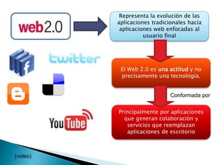 Representa la evolución de las aplicaciones tradicionales hacia aplicaciones web enfocadas al usuario finalEl Web 2.0 es una actitud y no precisamente una tecnología.Conformada porPrincipalmente por aplicaciones que generan colaboración y servicios que reemplazan aplicaciones de escritorio(video)