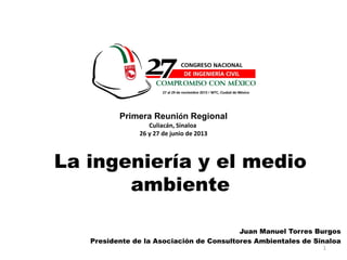 1
Juan Manuel Torres Burgos
Presidente de la Asociación de Consultores Ambientales de Sinaloa
La ingeniería y el medio
ambiente
Primera Reunión Regional
Culiacán, Sinaloa
26 y 27 de junio de 2013
 