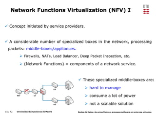 15 / 42 Universidad Complutense de Madrid Redes de Datos: de entes físicos a procesos software en entornos virtuales
Network Functions Virtualization (NFV) I
 Concept initiated by service providers.
 A considerable number of specialized boxes in the network, processing
packets: middle-boxes/appliances.
 These specialized middle-boxes are:
 hard to manage
 consume a lot of power
 not a scalable solution
 Firewalls, NATs, Load Balancer, Deep Packet Inspection, etc.
 (Network Functions) = components of a network service.
 