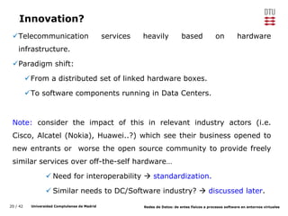 20 / 42 Universidad Complutense de Madrid Redes de Datos: de entes físicos a procesos software en entornos virtuales
Innovation?
Telecommunication services heavily based on hardware
infrastructure.
Paradigm shift:
From a distributed set of linked hardware boxes.
To software components running in Data Centers.
Note: consider the impact of this in relevant industry actors (i.e.
Cisco, Alcatel (Nokia), Huawei..?) which see their business opened to
new entrants or worse the open source community to provide freely
similar services over off-the-self hardware…
 Need for interoperability  standardization.
 Similar needs to DC/Software industry?  discussed later.
 