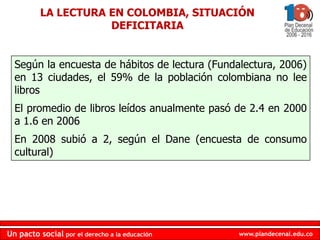 LA LECTURA EN COLOMBIA, SITUACIÓN
                     DEFICITARIA


  Según la encuesta de hábitos de lectura (Fundalectu...