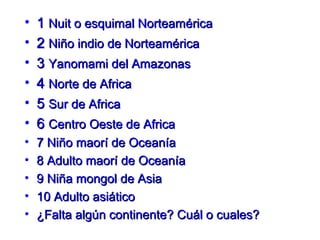 • 11 Nuit o esquimal NorteaméricaNuit o esquimal Norteamérica
• 22 Niño indio de NorteaméricaNiño indio de Norteamérica
• 33 Yanomami del AmazonasYanomami del Amazonas
• 44 Norte de AfricaNorte de Africa
• 55 Sur de AfricaSur de Africa
• 66 Centro Oeste de AfricaCentro Oeste de Africa
• 7 Niño maorí de Oceanía7 Niño maorí de Oceanía
• 8 Adulto maorí de Oceanía8 Adulto maorí de Oceanía
• 9 Niña mongol de Asia9 Niña mongol de Asia
• 10 Adulto asiático10 Adulto asiático
• ¿Falta algún continente? Cuál o cuales?¿Falta algún continente? Cuál o cuales?
 