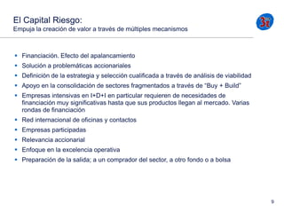 El Capital Riesgo:
Empuja la creación de valor a través de múltiples mecanismos

 Financiación. Efecto del apalancamiento
 Solución a problemáticas accionariales
 Definición de la estrategia y selección cualificada a través de análisis de viabilidad
 Apoyo en la consolidación de sectores fragmentados a través de “Buy + Build”
 Empresas intensivas en I+D+I en particular requieren de necesidades de
financiación muy significativas hasta que sus productos llegan al mercado. Varias
rondas de financiación
 Red internacional de oficinas y contactos

 Empresas participadas
 Relevancia accionarial
 Enfoque en la excelencia operativa
 Preparación de la salida; a un comprador del sector, a otro fondo o a bolsa

9

 