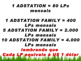 1 ADSTATION = 80 LPs
         mensais

 1 ADSTATION FAMILY = 400
         LPs mensais
5 ADSTATION FAMILY = 2.000
         LPs mensais
10 ADSTATION FAMILY = 4.000
         LPs mensais
       lembrando que
Cada LP equivale á U$ 1 dólar
 
