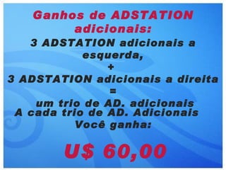 Ganhos de ADSTATION
        adicionais:
   3 ADSTATION adicionais a
            esquerda,
                +
3 ADSTATION adicionais a direita
                =
    um trio de AD. adicionais
 A cada trio de AD. Adicionais
          Você ganha:

        U$ 60,00
 