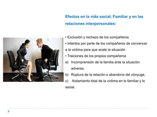 Efectos en la vida social, Familiar y en las
relaciones interpersonales:


• Exclusión y rechazo de los compañeros
• Intentos por parte de los compañeros de convencer
a la victima para que acate la situación
• Traiciones de los propios compañeros
a) Incomprensión de la familia ante la situación
     adversa,
b) Ruptura de la relación o abandono del cónyuge,
c)   Aislamiento total de la victima en lo familiar y lo
social.
 