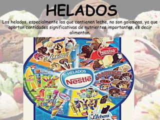 Los helados, especialmente los que contienen leche, no son golosinas, ya que 
aportan cantidades significativas de nutrientes importantes, es decir 
alimentan. 
 