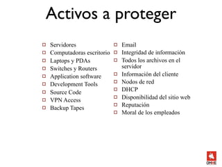 Activos a proteger
   Servidores                   Email
   Computadoras escritorio      Integridad de información
   Laptops y PDAs               Todos los archivos en el
   Switches y Routers            servidor
   Application software         Información del cliente
   Development Tools            Nodos de red
   Source Code
                                 DHCP
   VPN Access
                                 Disponibilidad del sitio web
                                 Reputación
   Backup Tapes
                                 Moral de los empleados
 