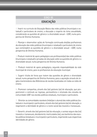 10
1. Inserir no currículo da Educação Básica das redes públicas (municipais e es-
tadual) e particulares de ensino, a discussão a respeito do tema sexualidade,
considerando as questões de gênero e a diversidade sexual - LGBT, numa pers-
pectiva de Direitos Humanos.
2. Planejar e desenvolver ações de formação continuada dos/das profissionais
da educação das redes públicas (municipais e estadual) e particulares de ensino
que contemplem as questões de gênero e a diversidade sexual - LGBT, numa
perspectiva de Direitos Humanos.
3. Produzir material de apoio pedagógico aos professores(as) das redes públicas
(municipais e estadual) e privadas de educação sobre as questões de gênero e a
diversidade sexual, numa perspectiva de Direitos Humanos.
4. Produzir material de apoio pedagógico, segundo responsabilidade da rede
municipal de ensino, para os profissionais da educação municipal.
5. Sugerir títulos de livros que tratem das questões de gênero e diversidade
sexual, numa perspectiva de Direitos Humanos, para a aquisição através de ór-
gãos mantenedores das Bibliotecas de escolas localizadas em todas as redes de
ensino.
6. Promover campanhas, através dos (as) gestores (as) de educação, que pro-
porcionem o estímulo ao ingresso, permanência e retomada dos estudos da
comunidade LGBT nas escolas públicas estaduais, municipais e particulares.
7.  Orientar as comunidades escolares (mãe/pai e alunos) das redes públicas (es-
taduais e municipais) e particulares, através dos (as) gestores (as) de educação, a
respeitarem a identidade de gênero e o nome social das travestis e transexuais.
8. Garantir, através dos (as) gestores (as) da educação, o acesso seguro das (os)
travestis e transexuais, devidamente matriculados (as), aos banheiros das esco-
las públicas (estaduais e municipais) e particulares, respeitando suas respectivas
identidades de gênero.
EIXO III
EDUCAÇÃO
 