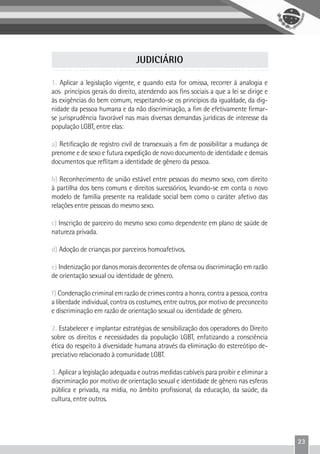 23
1. Aplicar a legislação vigente, e quando esta for omissa, recorrer à analogia e
aos princípios gerais do direito, atendendo aos fins sociais a que a lei se dirige e
às exigências do bem comum, respeitando-se os princípios da igualdade, da dig-
nidade da pessoa humana e da não discriminação, a fim de efetivamente firmar-
se jurisprudência favorável nas mais diversas demandas jurídicas de interesse da
população LGBT, entre elas:
a) Retificação de registro civil de transexuais a fim de possibilitar a mudança de
prenome e de sexo e futura expedição de novo documento de identidade e demais
documentos que reflitam a identidade de gênero da pessoa.
b) Reconhecimento de união estável entre pessoas do mesmo sexo, com direito
à partilha dos bens comuns e direitos sucessórios, levando-se em conta o novo
modelo de família presente na realidade social bem como o caráter afetivo das
relações entre pessoas do mesmo sexo.
c) Inscrição de parceiro do mesmo sexo como dependente em plano de saúde de
natureza privada.
d) Adoção de crianças por parceiros homoafetivos.
e) Indenização por danos morais decorrentes de ofensa ou discriminação em razão
de orientação sexual ou identidade de gênero.
f) Condenação criminal em razão de crimes contra a honra, contra a pessoa, contra
a liberdade individual, contra os costumes, entre outros, por motivo de preconceito
e discriminação em razão de orientação sexual ou identidade de gênero.
2. Estabelecer e implantar estratégias de sensibilização dos operadores do Direito
sobre os direitos e necessidades da população LGBT, enfatizando a consciência
ética do respeito à diversidade humana através da eliminação do estereótipo de-
preciativo relacionado à comunidade LGBT.
3. Aplicar a legislação adequada e outras medidas cabíveis para proibir e eliminar a
discriminação por motivo de orientação sexual e identidade de gênero nas esferas
pública e privada, na mídia, no âmbito profissional, da educação, da saúde, da
cultura, entre outros.
JUDICIÁRIO
 