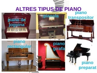 ALTRES TIPUS DE PIANO
piano de
joguina
pianola
piano
transpositor
piano
rectangular
piano
girafa
piano
preparat
 