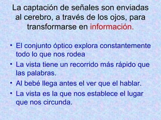 La captación de señales son enviadas 
al cerebro, a través de los ojos, para 
transformarse en información. 
• El conjunto óptico explora constantemente 
todo lo que nos rodea 
• La vista tiene un recorrido más rápido que 
las palabras. 
• Al bebé llega antes el ver que el hablar. 
• La vista es la que nos establece el lugar 
que nos circunda. 
 