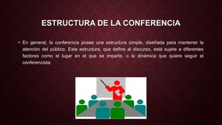 ESTRUCTURA DE LA CONFERENCIA 
• En general, la conferencia posee una estructura simple, diseñada para mantener la 
atención del público. Esta estructura, que define al discurso, está sujeta a diferentes 
factores como el lugar en el que se imparte, o la dinámica que quiere seguir el 
conferencista: 
 