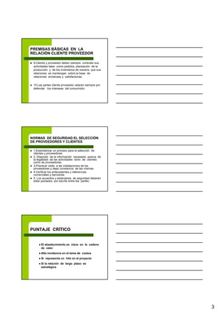 3
PREMISAS BÁSICAS EN LA
RELACIÓN CLIENTE PROVEEDOR
9.Cliente y proveedor deben siempre controlar sus
actividades tales como pedidos, planeación de la
producción y de los inventarios de manera que sus
relaciones se mantengan sobre la base de
relaciones amistosas y satisfactorias
10.Las partes cliente proveedor velaran siempre por
defender los intereses del consumidor.
NORMAS DE SEGURIDAD EL SELECCIÓN
DE PROVEEDORES Y CLIENTES
1.Estandarizar un proceso para la selección de
clientes y proveedores
2. Disponer de la información necesaria acerca de
la legalidad de las actividades tanto de clientes
como de proveedores
3.Practicar visita a las instalaciones de los
proveedores y dejar constancia de las mismas
4.Verificar los antecedentes y referencias
comerciales y bancarias
5. Los acuerdos y estándares de seguridad deberán
estar pactados por escrito entre las partes .
PUNTAJE CRÍTICO
El abastecimiento es clave en la cadena
de valor
Alta incidencia en el tema de costos
Si representa un hito en el proyecto
Si la relación de largo plazo es
estratégica
 