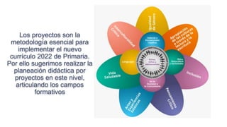 Los proyectos son la
metodología esencial para
implementar el nuevo
currículo 2022 de Primaria.
Por ello sugerimos realizar la
planeación didáctica por
proyectos en este nivel,
articulando los campos
formativos
 