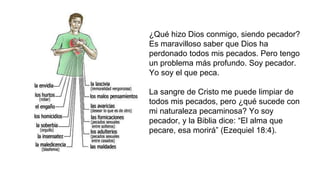 ¿Qué hizo Dios conmigo, siendo pecador?
Es maravilloso saber que Dios ha
perdonado todos mis pecados. Pero tengo
un problema más profundo. Soy pecador.
Yo soy el que peca.
La sangre de Cristo me puede limpiar de
todos mis pecados, pero ¿qué sucede con
mi naturaleza pecaminosa? Yo soy
pecador, y la Biblia dice: “El alma que
pecare, esa morirá” (Ezequiel 18:4).
 