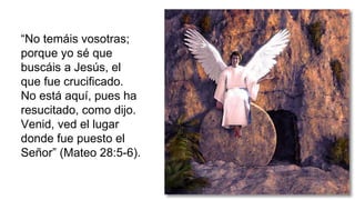 “No temáis vosotras;
porque yo sé que
buscáis a Jesús, el
que fue crucificado.
No está aquí, pues ha
resucitado, como dijo.
Venid, ved el lugar
donde fue puesto el
Señor” (Mateo 28:5-6).
 
