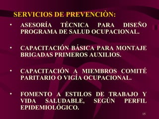 SERVICIOS DE PREVENCIÒN: ASESORÍA TÉCNICA PARA DISEÑO PROGRAMA DE SALUD OCUPACIONAL. CAPACITACIÓN BÁSICA PARA MONTAJE BRIGADAS PRIMEROS AUXILIOS. CAPACITACIÓN A MIEMBROS COMITÉ PARITARIO O VIGÍA OCUPACIONAL. FOMENTO A ESTILOS DE TRABAJO Y VIDA SALUDABLE, SEGÚN PERFIL EPIDEMIOLÓGICO. 