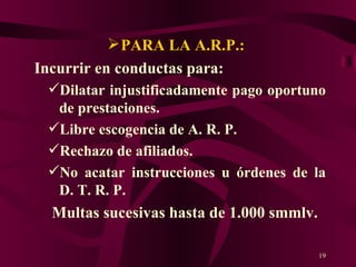 PARA LA A.R.P.:  Incurrir en conductas para: Dilatar injustificadamente pago oportuno de prestaciones. Libre escogencia de A. R. P. Rechazo de afiliados. No acatar instrucciones u órdenes de la D. T. R. P. Multas sucesivas hasta de 1.000 smmlv. 