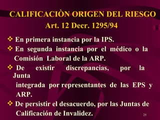 CALIFICACIÒN ORIGEN DEL RIESGO Art. 12 Decr. 1295/94   En primera instancia por la IPS. En  segunda  instancia  por  el  médico  o  la Comisión  Laboral de la ARP. De  existir  discrepancias,  por  la  Junta integrada  por representantes  de  las  EPS  y ARP.  De persistir el desacuerdo, por las Juntas de Calificación de Invalidez. 