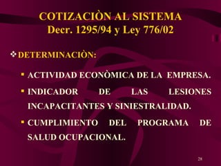 COTIZACIÒN AL SISTEMA Decr. 1295/94 y Ley 776/02 DETERMINACIÒN:  ACTIVIDAD ECONÒMICA DE LA  EMPRESA. INDICADOR DE LAS LESIONES INCAPACITANTES Y SINIESTRALIDAD. CUMPLIMIENTO DEL PROGRAMA DE SALUD OCUPACIONAL. 