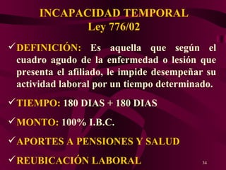 INCAPACIDAD TEMPORAL Ley 776/02 DEFINICIÓN:  Es aquella que según el cuadro agudo de la enfermedad o lesión que presenta el afiliado, le impide desempeñar su actividad laboral por un tiempo determinado. TIEMPO:  180 DIAS + 180 DIAS MONTO:  100% I.B.C. APORTES A PENSIONES Y SALUD REUBICACIÓN LABORAL 