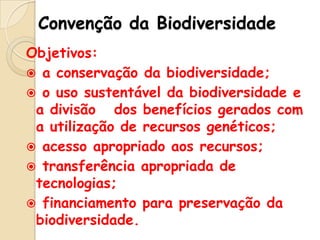 Convenção da Biodiversidade
Objetivos:
 a conservação da biodiversidade;
 o uso sustentável da biodiversidade e
a divisão dos benefícios gerados com
a utilização de recursos genéticos;
 acesso apropriado aos recursos;
 transferência apropriada de
tecnologias;
 financiamento para preservação da
biodiversidade.

 