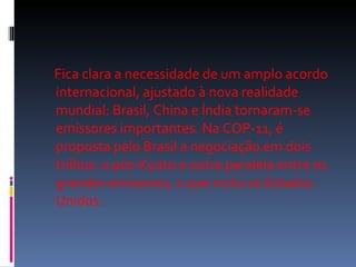 Fica clara a necessidade de um amplo acordo internacional, ajustado à nova realidade mundial: Brasil, China e Índia tornaram-se emissores importantes. Na COP-11, é proposta pelo Brasil a negociação em dois trilhos: o pós-Kyoto e outra paralela entre os grandes emissores, o que inclui os Estados Unidos.  