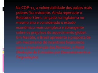 Na COP-12, a vulnerabilidade dos países mais pobres fica evidente. Ainda repercute o Relatório Stern, lançado na Inglaterra no mesmo ano e considerado o estudo econômico mais complexo e abrangente sobre os prejuízos do aquecimento global. Em Nairóbi, o Brasil apresenta a proposta de um mecanismo de incentivos financeiros para a manutenção das florestas, o Redd (Redução de Emissões por Desmatamento e Degradação).  