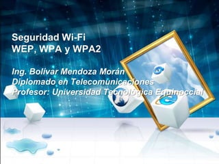 Seguridad Wi-Fi
WEP, WPA y WPA2
Ing. Bolívar Mendoza Morán
Diplomado en Telecomunicaciones
Profesor: Universidad Tecnológica Equinoccial

 