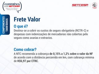 O que é?
Destina-se a cobrir os custos de seguro obrigatório (RCTR-C) e
despesas com indenizações de mercadorias não cobertas pelo
seguro como avarias e extravios.
Como cobrar?
A NTC recomenda a cobrança de 0,15% a 1,2% sobre o valor da NF
de acordo com a distância percorrida em km, com cobrança mínima
de R$6,97 por CTRC.
COMPONENTES
TARIFÁRIOS
Frete Valor
 