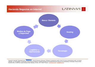 Haciendo Negocios en Internet




Copyright © Latinvia®. Presentación para              .Todos los derechos reservados. Prohibida su reproducción parcial o total sin el previo consentimiento escrito. Las marcas
Latinvia®, LTV Technology®, LTV Services®, Edubusiness® sus Marcas y Logotipos asociados son propiedad del grupo Latinvia y/o sus Subsidiarias y Controladas. Oficina Central:
Humboldt 2495, (C1425FUG) Ciudad de Buenos Aires, Argentina, Tel./Fax.: 54-11-5353-7718 al 21 - www.latinvia.com - info@latinvia.com.
 