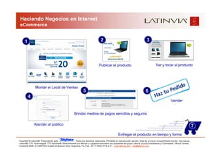 Haciendo Negocios en Internet
 eCommerce


     1                                                                              2                                              3




                                                                                  Publicar el producto                                       Ver y tocar el producto




                Montar el Local de Ventas
                                                                  5                                                               6
         4
                                                                                                                                                            Vender


                                                        Brindar medios de pagos sencillos y seguros

               Atender al público                                                                                                                                                  7
                                                                                                      Entregar el producto en tiempo y forma
Copyright © Latinvia®. Presentación para              .Todos los derechos reservados. Prohibida su reproducción parcial o total sin el previo consentimiento escrito. Las marcas
Latinvia®, LTV Technology®, LTV Services®, Edubusiness® sus Marcas y Logotipos asociados son propiedad del grupo Latinvia y/o sus Subsidiarias y Controladas. Oficina Central:
Humboldt 2495, (C1425FUG) Ciudad de Buenos Aires, Argentina, Tel./Fax.: 54-11-5353-7718 al 21 - www.latinvia.com - info@latinvia.com.
 