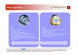 Marco regulatorio




Copyright © Latinvia®. Presentación para              .Todos los derechos reservados. Prohibida su reproducción parcial o total sin el previo consentimiento escrito. Las marcas
Latinvia®, LTV Technology®, LTV Services®, Edubusiness® sus Marcas y Logotipos asociados son propiedad del grupo Latinvia y/o sus Subsidiarias y Controladas. Oficina Central:
Humboldt 2495, (C1425FUG) Ciudad de Buenos Aires, Argentina, Tel./Fax.: 54-11-5353-7718 al 21 - www.latinvia.com - info@latinvia.com.
 