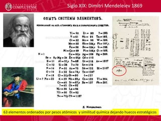 Siglo XIX: Dimitri Mendeleiev 1869
63 elementos ordenados por pesos atómicos y similitud química dejando huecos estratégic...
