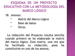 18.  Anexos: * Matriz del Marco Lógico * Base de datos * Otros. La redacción del Proyecto resulta sencilla cuando primero se ha elaborado la matriz del marco lógico. Esta matriz, una vez que ha facilitado su redacción, pasa ha constituirse en uno de los anexos.  ESQUEMA  DE  UN  PROYECTO  EDUCATIVO CON LA METODOLOGÍA DEL MARCO LÓGICO 