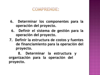 6.  Determinar los componentes para la  operación del proyecto. 6.  Definir el sistema de gestión para la  operación del proyecto. 7.  Definir la estructura de costos y fuentes  de financiamiento para la operación del  proyecto. 8.  Determinar la estructura y  organización para la operación del  proyecto. 