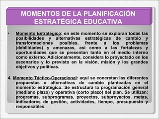 MOMENTOS DE LA PLANIFICACIÓN ESTRATÉGICA EDUCATIVA Momento Estratégico : en este momento se exploran todas las posibilidades y alternativas estratégicas de cambio y transformaciones posibles, frente a los problemas (debilidades) y amenazas, así como a las fortalezas y oportunidades que se presentan tanto en el medio interno como externo. Adicionalmente, considera lo proyectado en los escenarios y lo previsto en la visión, misión y los grandes objetivos y políticas. 4.  Momento Táctico-Operacional : aquí se concretan las diferentes propuestas o alternativas de cambio planteadas en el momento estratégico. Se estructura la programación general (mediano plazo) y operativa (corto plazo) del plan. Se utilizan: programas, subprogramas, proyectos, subproyectos, metas, indicadores de gestión, actividades, tiempo, presupuesto y responsables. 