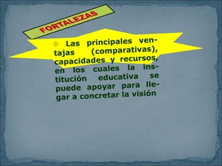 Las principales ven-tajas (comparativas), capacidades y recursos, en los cuales la ins-titución educativa se puede apoyar para lle-gar a concretar la visión 