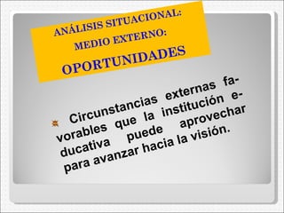 ANÁLISIS SITUACIONAL: MEDIO EXTERNO: OPORTUNIDADES Circunstancias externas fa-vorables que la institución e-ducativa puede aprovechar para avanzar hacia la visión. 